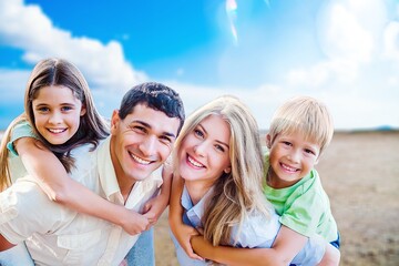 Poster - Happy family together walking the beach.