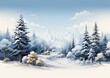snowy landscape trees cabin kids drawing panoramic imagery computer graphics promotional large patches plain colors young random arts korean monochromatic digital advertisements stunning 