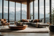 Generative KI offenes helles Wohnzimmer mit Couch große Fenster und Fernsicht auf Berge