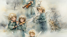 Angelic Cherubs With Harps And Trumpets In A Heavenly Pattern, Christmas Seamless Pattern, Watercolor Style