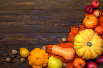 Wall Mural - Thanksgiving day pumpkin harvest on a wooden background with empty copy space. Squash, orange vegetable autumn fruit, apples, nuts on a wooden table for traditional Halloween decoration fall design