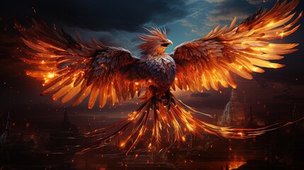 Wall Mural - an eagle flying in a fire effect with a dark background. concept art background. generative ai