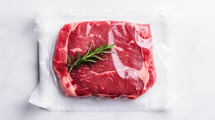 Fresh red raw beef ribeye steak sealed in transparent plastic vacuum pack on white marble table background, copy space. 