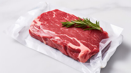 Fresh red raw beef ribeye steak sealed in transparent plastic vacuum pack on white marble table background, copy space. 