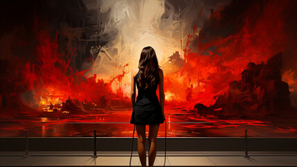 Canvas Print - a woman is sitting at a burning fire in the dark of a room.