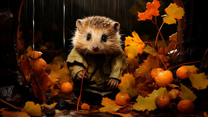 Wall Mural - autumn background of a hedgehog. hedgehog, hedgehog. autumn autumn leaves. hedgehog with autumn leaves on a branch. hedgehog in autumn forest.