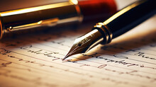 Close-up Of A Classic Vintage Fountain Pen Against A Background Of Scribbled Paper Writing. 