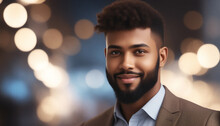 African American Entrepreneur With A Smile, Wearing A Collared Shirt, Gazing At The Viewer Against A Bokeh Background.