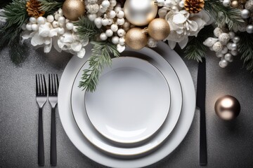 Wall Mural - Top view of elegant and festive christmas table setting with xmas decoration and ornaments. Flat lay, mockup