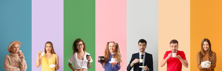 Poster - Set of many different people with coffee on color background