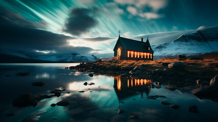 Poster - fantasy landscape with lake and castle