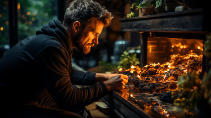 Poster - a man in a black t - shirt holds the fireplace.