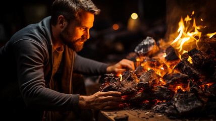 Wall Mural - a man in a black t - shirt holds the fireplace.