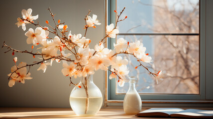 Canvas Print - vase with blooming cherry flowers on table against blurred background