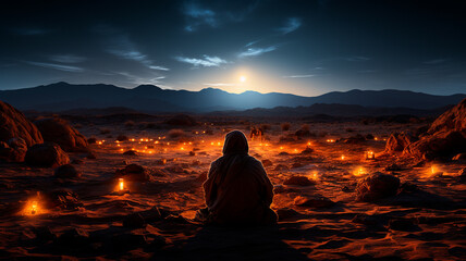 Canvas Print - man sitting on the rock in the night sky