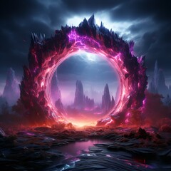 Wall Mural - 3d render, abstract background, cosmic landscape, round portal, pink blue neon light, virtual reality, energy source, glowing round frame, dark space, ultraviolet spectrum, laser ring | Generative A