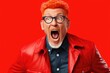 A man wearing a red jacket and glasses is making a funny face. This image can be used to add humor and lightheartedness to various projects.