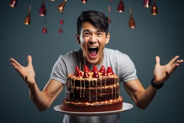 Canvas Print - A man holding a chocolate cake with fresh strawberries on top. Perfect for birthdays, celebrations, or dessert concepts.