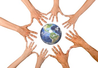 many hands holding globe planet earth