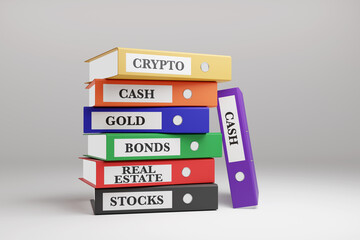 Wall Mural - Colorful ring binders labelled with different products of investment on white background. Illustration of the concept of financial portfolio diversification of investment