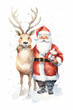 Watercolor illustrations of classic Christmas characters like Santa Claus and Rudolph, Christmas cards, watercolor style, white background, with copy space