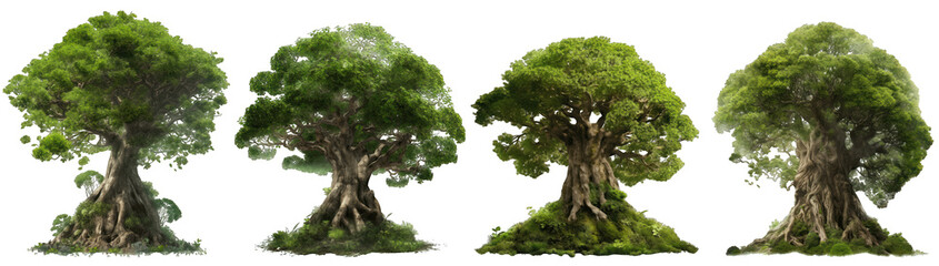 Epic fairy tale world tree with dense green foliage isolated on transparent background generative ai