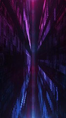 Vertical video - a glowing neon colored blue and pink grid network of blinking digital data lights and particles. Communications concept technology motion background.