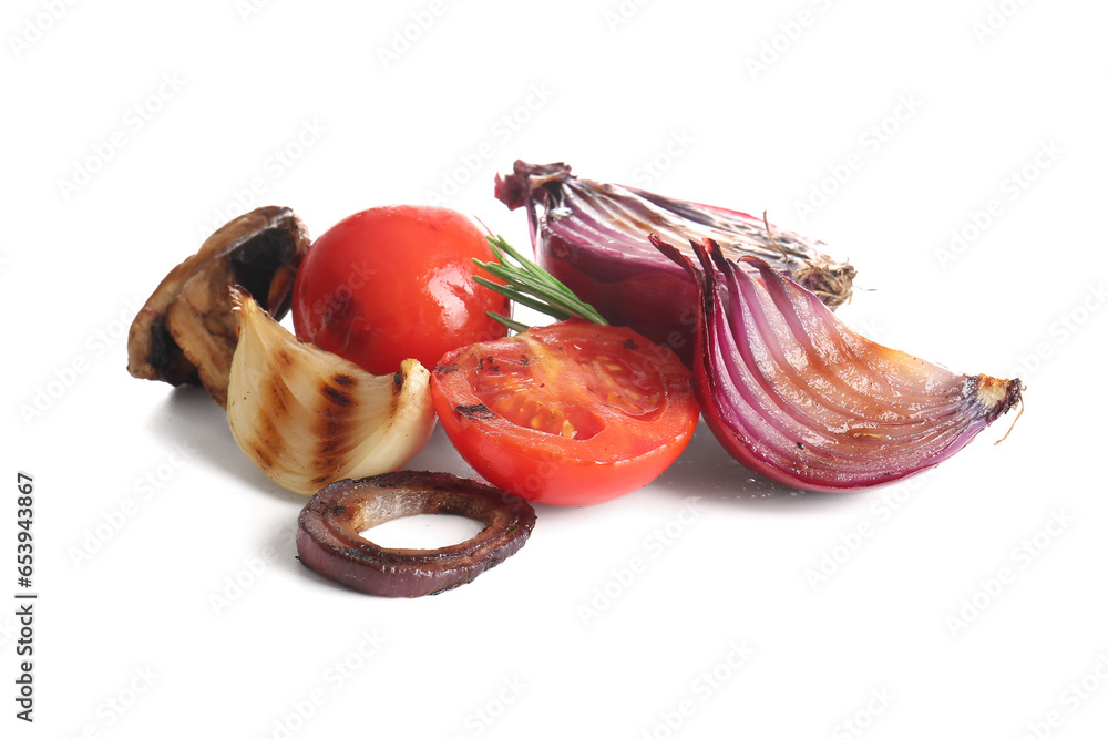Different tasty grilled vegetables on white background