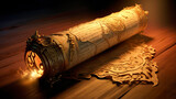 Fototapeta  - Surreal illustration of legendary scroll with flame effect. Legendary parchment rolled up with majestic golden shine. Epic scroll.