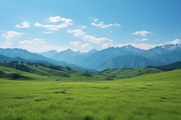 Poster - Captivating scenery showcasing lush green hills and majestic mountains under a clear blue sky. Perfect for nature, travel, and serene-themed projects.