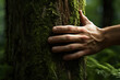 Symbolic image of hand gently touching tree covered with moss, conveying idea of unity with nature and environmental connection.
