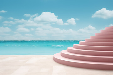 Picturesque pink beach house with set of stairs leading to idyllic ocean view, surrounded by serene white clouds.