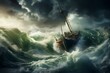 Boat challenging nature's fury on ocean. Generative AI
