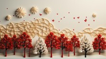 Merry Xmas Banner With White And Red Trees On Beije Background. Greeting Cards,