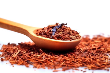 Heap of dry rooibos tea leaves with wooden scoop, closeup view