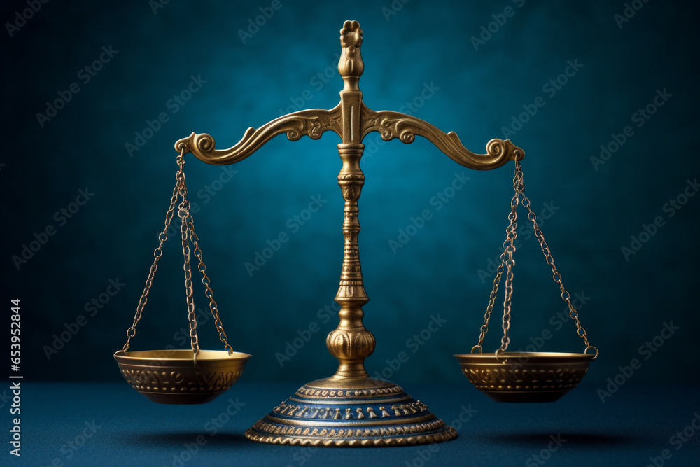 Freedom Scale balanced scale with one weight on a blue background. symbolize justice ...