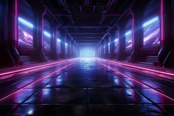 Wall Mural - Neon Laser Purple Blue Parking Sci Fi Futuristic Alien Spaceship Concrete Stone Cement Purple Blue Glowing Corridor Tunnel Showroom Hangar Underground Hallway Basement 3D Rendering | Generative AI