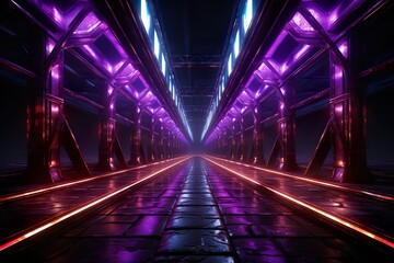 Wall Mural - Neon Laser Purple Blue Parking Sci Fi Futuristic Alien Spaceship Concrete Stone Cement Purple Blue Glowing Corridor Tunnel Showroom Hangar Underground Hallway Basement 3D Rendering | Generative AI