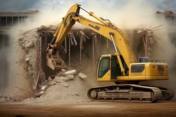 Excavator demolishing structure. Generative AI