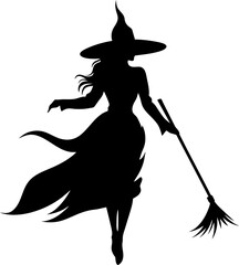 Vector halloween witch with broom silhouettes illustration icon. Vector with with witch hat icon