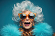 © vefimov - A stylish woman with white hair wearing sunglasses and a fur coat. Perfect for fashion magazines, winter fashion editorials, and luxury lifestyle blogs.