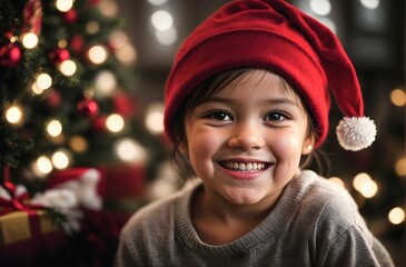 Poster - Portrait of cute little kid with Santa Claus hat, people background, festive banner with copy space text 