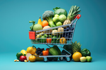 Wall Mural - Shopping cart filled with variety of fresh fruits and vegetables. Perfect for showcasing healthy eating, grocery shopping, and meal planning.