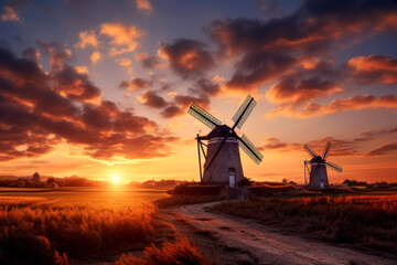 An old mill you have a picturesque beautiful field against the backdrop of the setting sun landscape