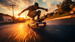 © AI_images - Young man extreme skater, skating fast on his longboard from hill in morning lights