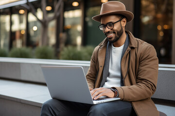 Man sitting with laptop on a street