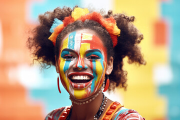 Woman with vibrant and artistic face paint design. Perfect for festivals, parties, and creative events