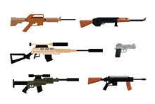 Set Of Different Firearms In Cartoon Style. Vector Illustration Of Rifles, Sniper Rifles, Submachine Guns, Pistols, Shotguns Isolated On White Background. Weapons For Policemen And Soldiers.