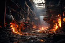 Inside Steel Mill, Foundry Of Metallurgical Plant, Factory Interior