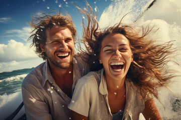 Wall Mural - Picture of man and woman enjoying ride in boat. This image can be used to depict leisure activities or romantic outing on water